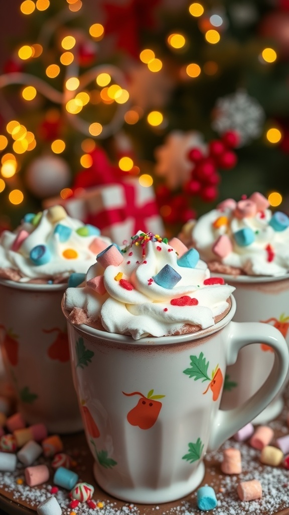 Festive hot chocolate in decorative mugs with whipped cream and colorful marshmallows, surrounded by Christmas decorations.